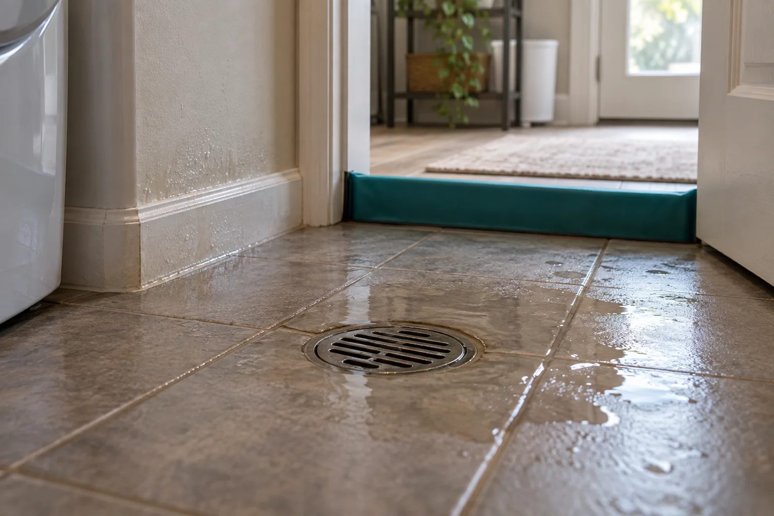 A residential floor drain with a shallow wet perimeter and doorway containment barrier