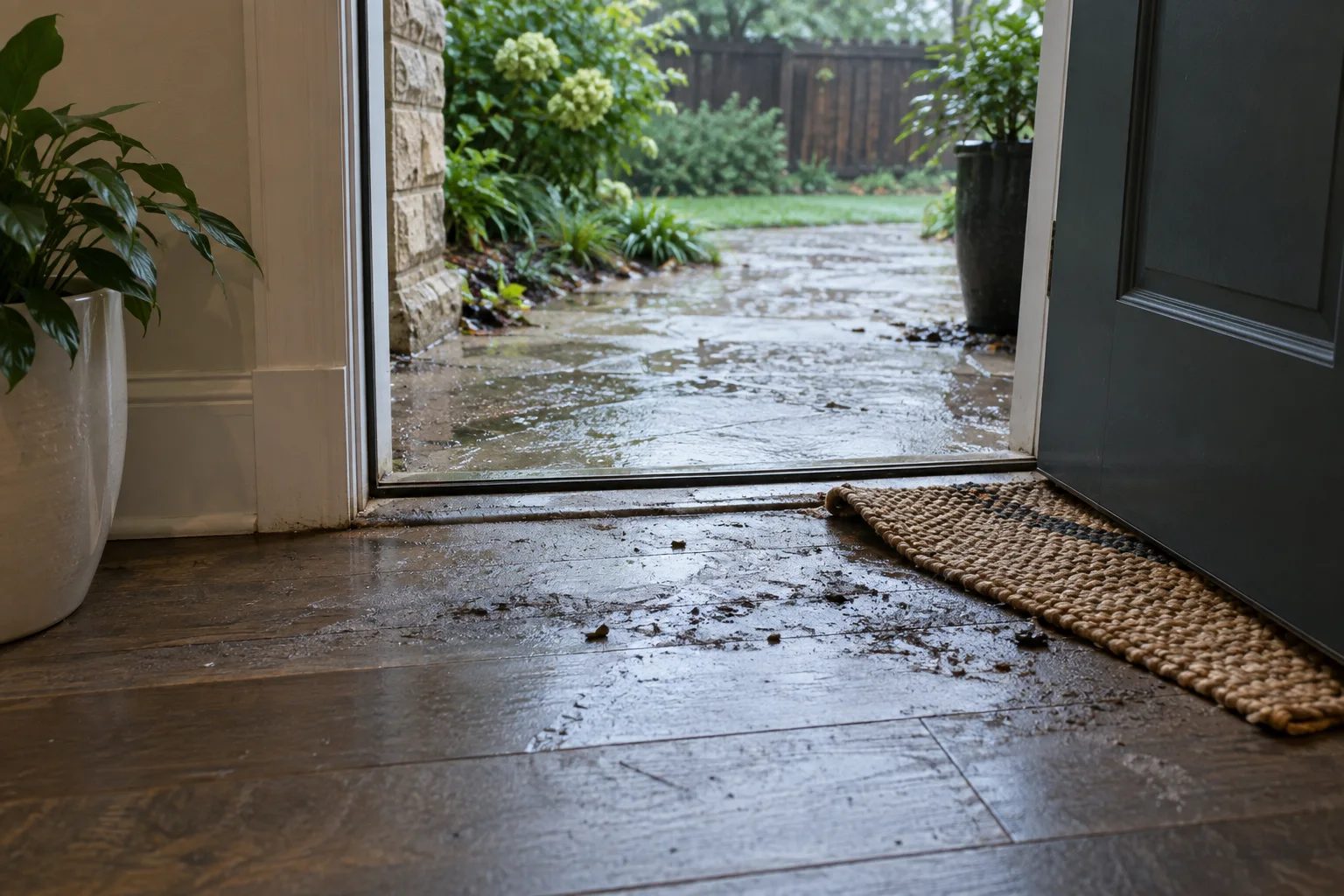 A damp residential door threshold with a light silt trace after stormwater entry