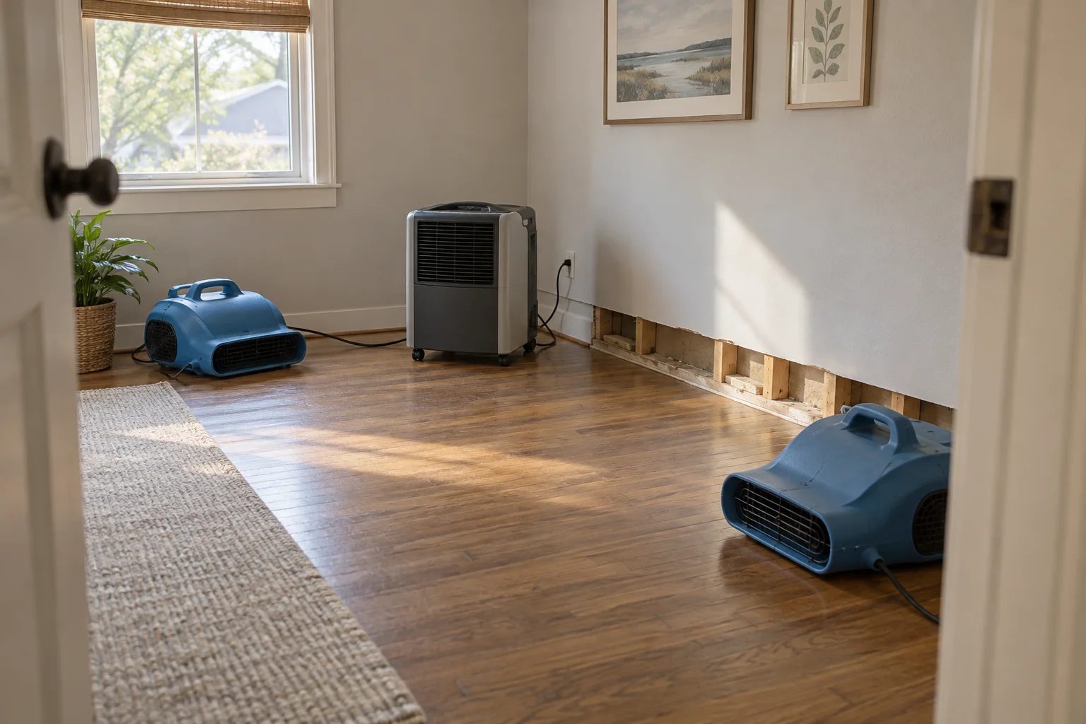 Two air movers and a dehumidifier in a residential drying setup