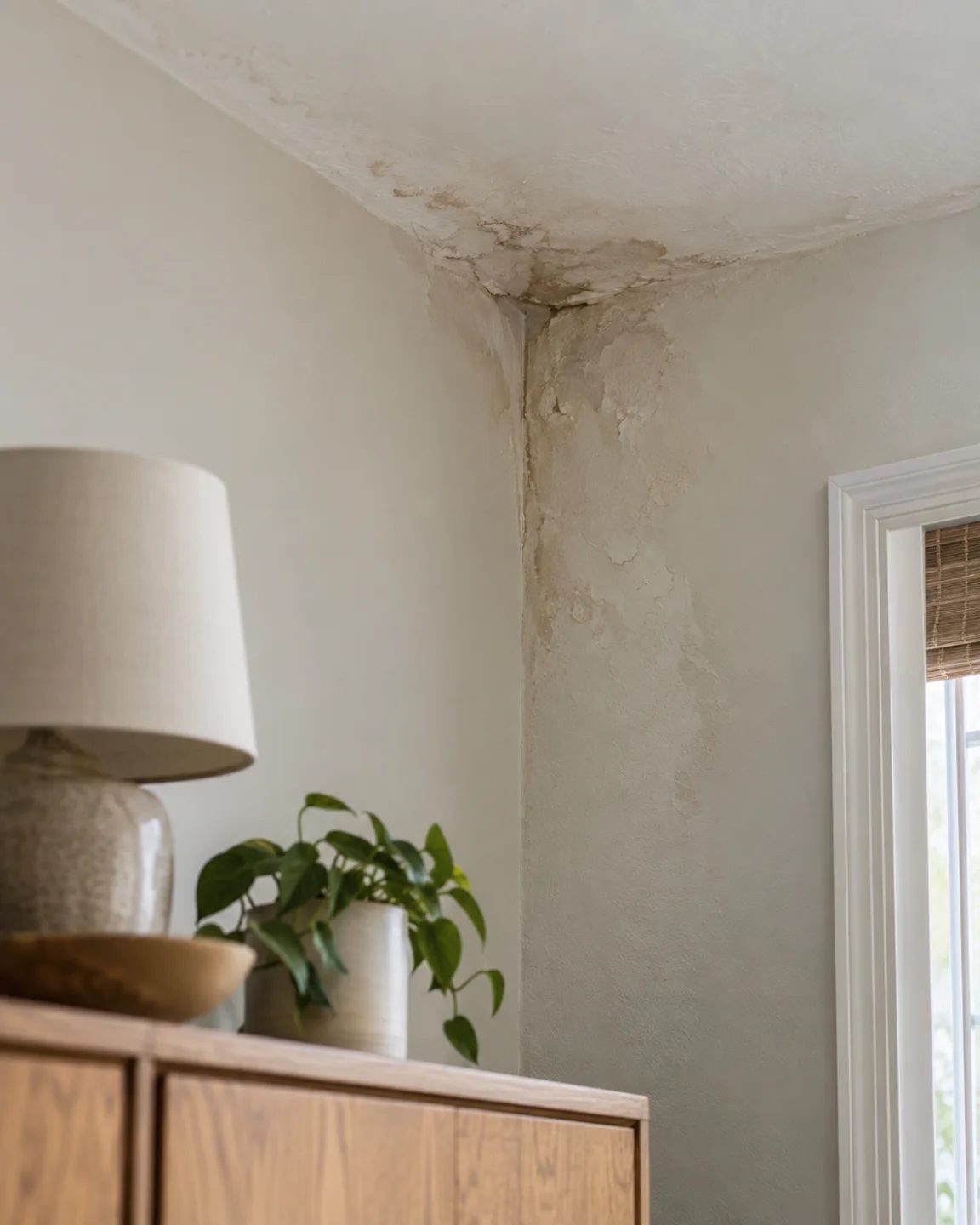 Water staining and blistered paint at a ceiling and wall corner